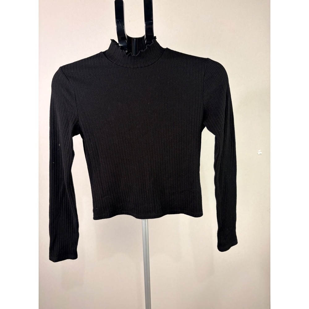One Clothing Los Angeles Black Ribbed Mock Neck Lettuce Edge Top UT9770-JY90 M